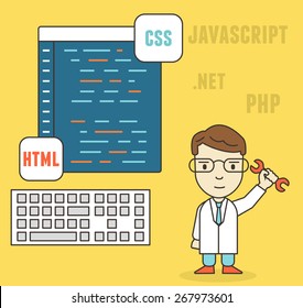 Flat linear concept of programmer or coder workflow for website coding and html programming of web application - vector illustration