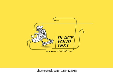 Flat linear Cool hipster skater with skateboard banner, scroll,  sticker, badge, price tag, poster.