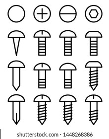 Flat linear design. Building hardware icons for applications, web sites and public use. Vector illustration. Nails, bolts and screws.