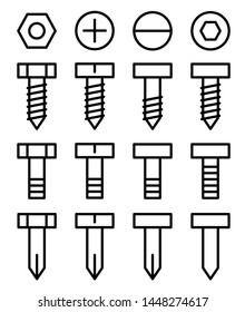 Flat linear design. Building hardware icons for applications, web sites and public use. Vector illustration. Nails, bolts and screws.