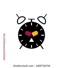 Flat linear design. Clock icon for apps and web sites. Ringing alarm clock and tablet sign. Reminder to drink medicine. Vector illustration.