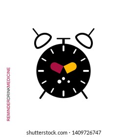 Flat linear design. Clock icon for apps and web sites. Ringing alarm clock and tablet sign. Reminder to drink medicine. Vector illustration.
