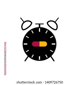Flat linear design. Clock icon for apps and web sites. Ringing alarm clock and tablet sign. Reminder to drink medicine. Vector illustration.