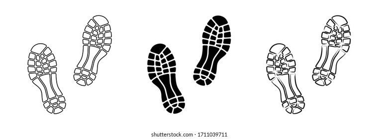 Flat linear design. Different human footprints. Black silhouettes isolated on white background. Vector illustration