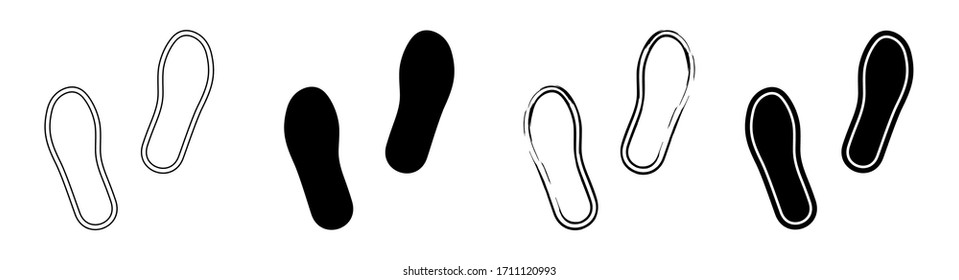 Flat linear design. Different human footprints. Black silhouettes isolated on white background. Vector illustration