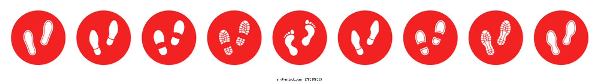 Diseño lineal plano. Diferentes huellas humanas. Plantilla para pegatinas y carteles para lugares públicos. Distancia social. Ilustración del vector