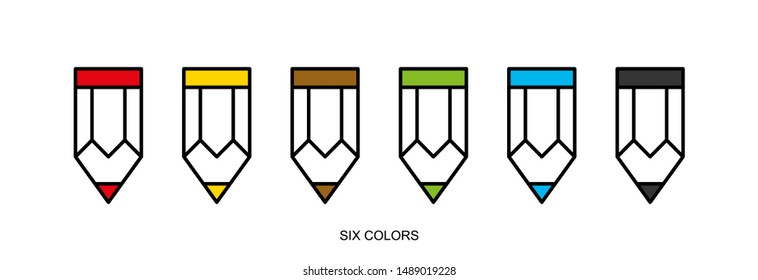 Flat linear design. Eraser Pencil icon for apps and web sites. Set of colored pencils. Six colors. Vector illustration.
