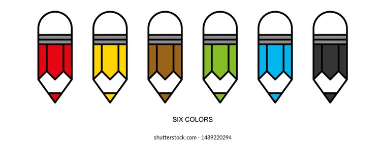 Flat linear design. Eraser Pencil icon for apps and web sites. Set of colored pencils. Six colors. Vector illustration.
