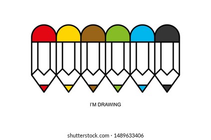 Flat linear design. Eraser Pencil icon for apps and web sites. Set of colored pencils. Six colors. Vector illustration.