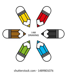 Flat linear design. Eraser Pencil icon for apps and web sites. Set of colored pencils. Six colors. Vector illustration. I am drawing.