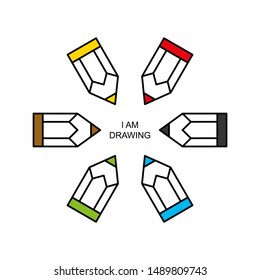 Flat linear design. Eraser Pencil icon for apps and web sites. Set of colored pencils. Six colors. Vector illustration. I am drawing.