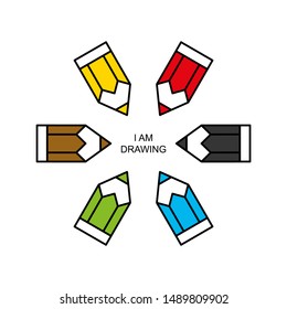 Flat linear design. Eraser Pencil icon for apps and web sites. Set of colored pencils. Six colors. Vector illustration. I am drawing.