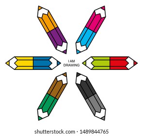 Flat linear design. Eraser Pencil icon for apps and web sites. Set of colored pencils. Twelve colors. Vector illustration. I am drawing.