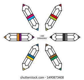 Flat linear design. Eraser Pencil icon for apps and web sites. Set of colored pencils. Twelve colors. Vector illustration. I am drawing.