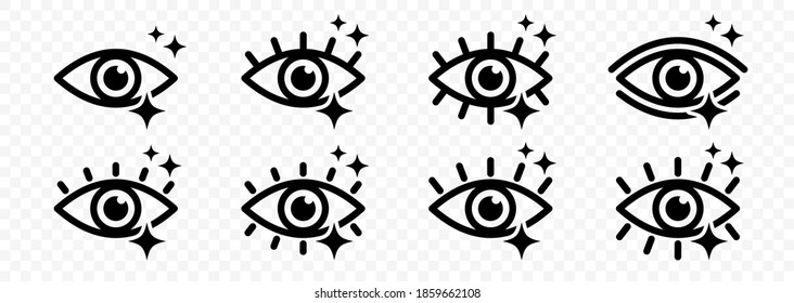 Flat linear design. Eye icon with sparkling stars. Pure radiant look. Set of contour elements isolated on a transparent background. Vector illustration.