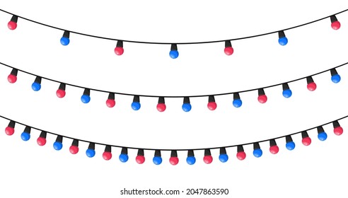 Flat linear design. Festive garland with colored lights. Vector elements isolated on white background.