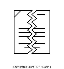 Flat linear design. File or document icon for applications, web sites and public use. Vector illustration. Torn in half paper sheet with abstract text. Torn office work paper. Black and white.