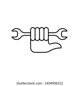 Flat linear design. Icon service or settings for mobile applications, web sites and public use. Vector illustration. Hand with a bent finger to the side and a wrench. Service key and hand.