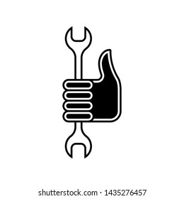 Flat linear design. Icon service or settings for mobile applications, web sites and public use. Vector illustration. Hand with a raised finger and a wrench. Service key and hand.