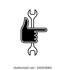 Flat linear design. Icon service or settings for mobile applications, web sites and public use. Vector illustration. Hand with a bent finger to the side and a wrench. Service key and hand.