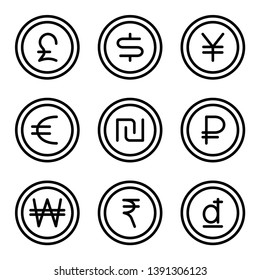 Flat linear design. Flat icons of coins with different currency for applications and web sites. Vector illustration. Ruble, dollar, euro, shekel, dong, rupees, a pound of shooters. Set 2
