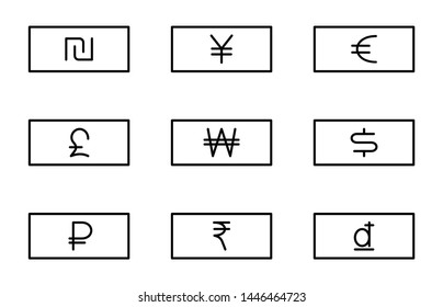 Flat linear design. Flat icons of paper money with different currency for applications and web sites. Vector illustration. Ruble, dollar, euro, shekel, dong, rupees, a pound of shooters. Set