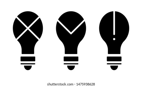 Flat linear design. Idea icon for apps, web sites and public use. Electric lamp with symbols. Concept - Bad idea, good and mistake of thought. - Vector