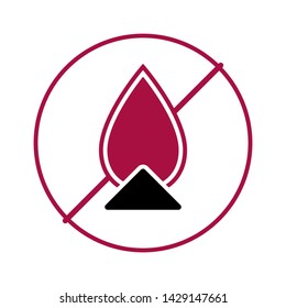 Flat linear design. Information prohibition sign for public and specialized places. The use of fire is prohibited. Bonfire with a flame. Burning garbage or waste is not allowed. Vector