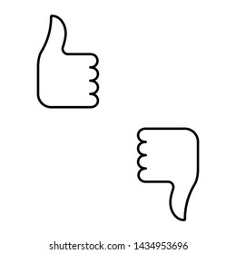 Flat linear design. Like, dislike and hand icon for mobile apps, web sites and public use. Vector illustration. A hand with a raised finger up and down.