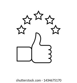 Flat linear design. Like icon and hand icon for mobile apps, web sites and public use. Vector illustration. A hand with a raised finger up and five stars.