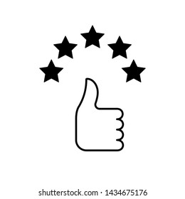 Flat linear design. Like icon and hand icon for mobile apps, web sites and public use. Vector illustration. A hand with a raised finger up and five stars.