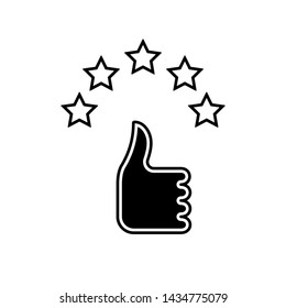 Flat linear design. Like icon and hand icon for mobile apps, web sites and public use. Vector illustration. A hand with a raised finger up and five stars.