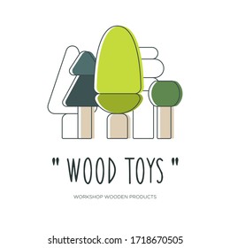 Flat linear design. Logo or emblem for manufacturers of wooden toys and products. Trees of different shapes. Vector illustration.