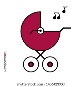 Flat linear design. Logo, plate, creative picture, postcard. Blue stroller for a newborn! Happy Birthday! Happy newborn girl! Vector illustration.