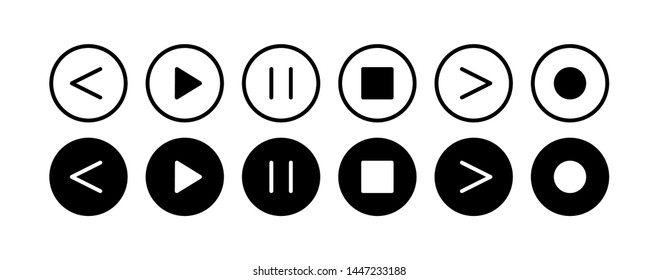 Flat Linear Design. Media Player Icon For Applications, Web Sites And Public Use. Vector Illustration. Control Buttons - Pause, Play, Forward And Rewind, Stop, Record. Black And White.