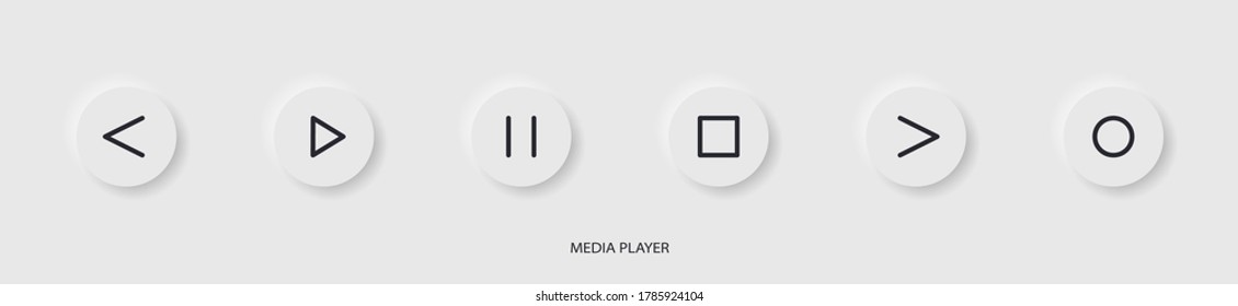 Flaches lineares Design. Media Player Icon für Anwendungen, Websites und öffentliche Nutzung. Vektorgrafik. Touch Control Buttons - Pause, Abspielen, Vorwärts und Zurück, Stopp, Record. Leuchtende Touchknöpfe.