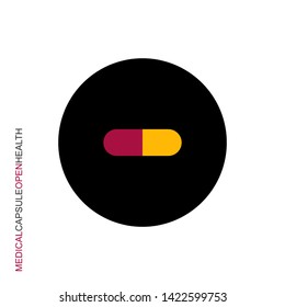 Flat linear design. Medical drug icon for applications, web sites and public use. Concept. Vector. Capsule filled with medication.