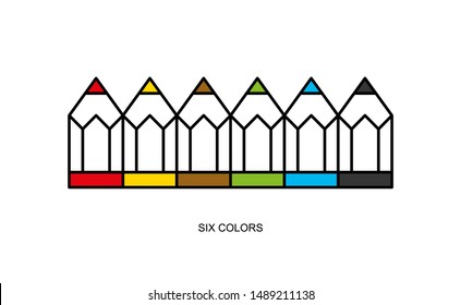 Flat linear design. Pencil icon for apps and web sites. Set of colored pencils. Six colors. Vector illustration.