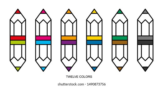 Flat linear design. Pencil icon for apps and web sites. Set of colored pencils. Twelve colors. Vector illustration.