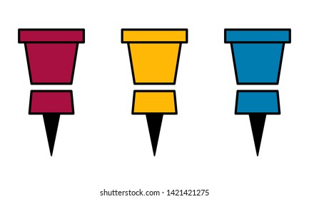 Flat linear design. Pushpin line icon, outline vector sign, linear style pictogram isolated on white.  