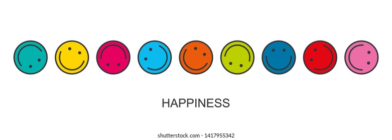 Flat linear design. Round multi-colored smiling smiles are rolling one after the other. Vector. The concept of happiness. Decorations for holidays, apps and web sites.