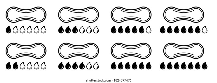Flat linear design. Set of icons. Sanitary napkin with different numbers of filled and empty drops. Information sign for the packaging of intimate hygiene products. Vector illustration.