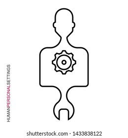 Flat linear design. Settings icon for mobile apps, web sites and public use. Silhouette of man and spanner with symbol settings. Vector illustration. Woman.