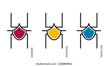 Flat linear design. Status icons of antivirus or security software for applications and web sites. network spider in status. Protected, attentive, dangerous. Vector illustration.