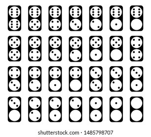 Flat linear design.Collection of black color 28 domino set with white spots ; twenty-eight tiles dominoes. Isolated on white background - Vector