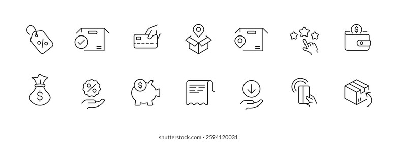 Flat linear e-commerce and shopping icons set – black vector outline collection.