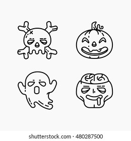 Flat linear Halloween icons set. Four cute characters for Halloween: pumpkin, skull, ghost and zombie. Vector Illustration isolated on white