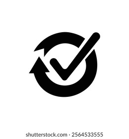 Flat linear icon of cyclic rotation, recycling recurrence, renewal, with check mark.