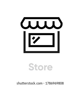 Almacén de iconos lineal plano aislado en fondo blanco. Esquema del vector modificable. botón de concepto tienda en línea, escaparate, dinero en efectivo, kiosco con toldo en el estilo de esquema para ui apps, sitios web.