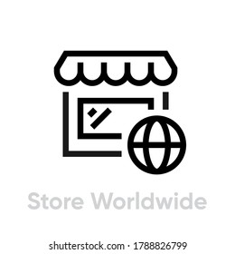 Flat Linear Icon Store Worldwide In Flat Design. Editable Vector Stroke. Simple Outline Sign Shop With Earth Glob For Apps, Website And Infographic In Black Color On White Backdrop.